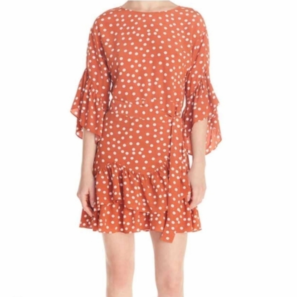 NWT Maje Imprime Orange Polka Dot Faux Wrap Mini Dress Ruffle Hem 2 or Medium